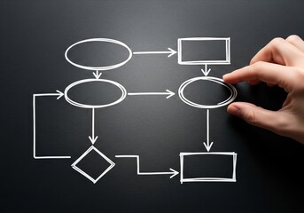 Fototapeta premium A person draws a flowchart with a chalk-like hand on a blackboard, illustrating the process visually.