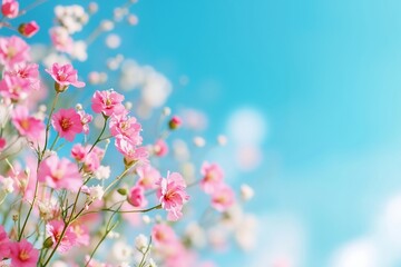 A bunch of pink flowers against a blue sky
