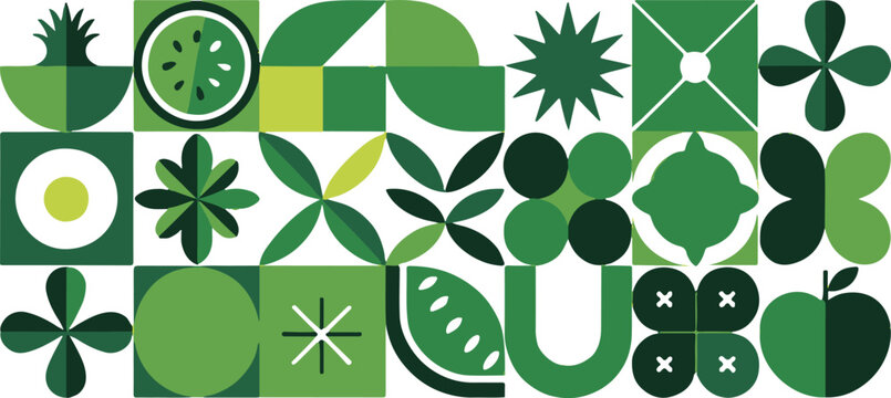 colorful botanical grid of pomegranate, apple and kiwi with abstract leaves and flowers for modern organic design