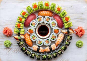 A beautifully arranged assortment of fresh sushi rolls and nigiri, presented on a wooden surface.