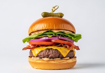 A close-up studio shot of a stacked hamburger with beef patty, cheese, bacon, lettuce, tomato, onion, and a pickle on top of the bun.