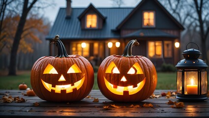 Fototapeta premium Glowing Carved Pumpkins on Misty Walkway Near Cabin
