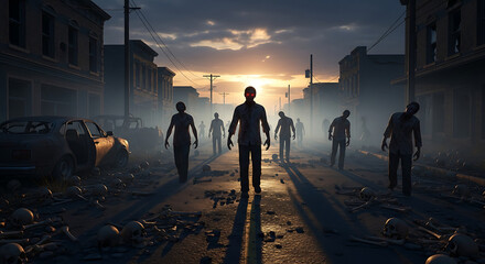 Zombies walking down a street littered with bones and debris during a post apocalyptic sunset