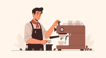 Cartoon illustration of a barista making coffee with espresso machine in a cafe