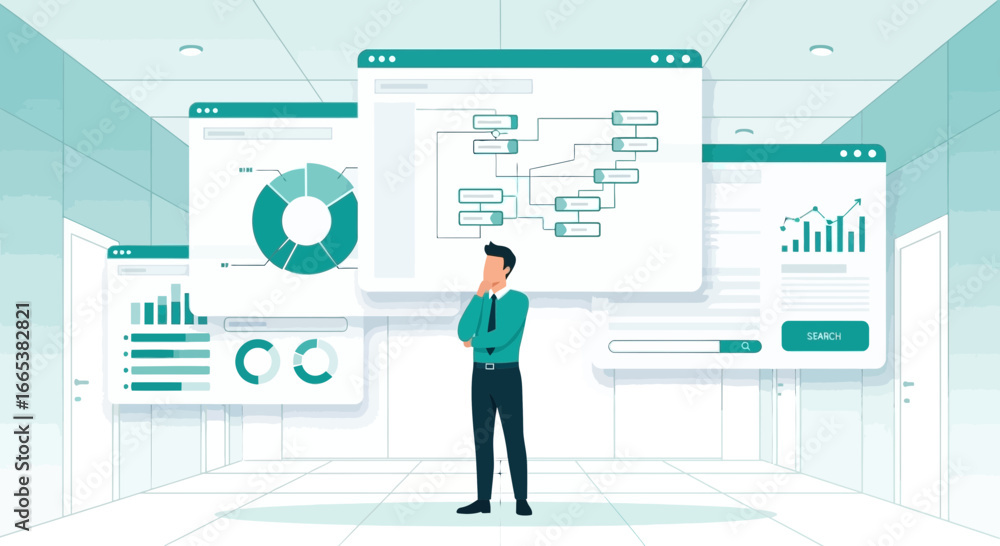 Poster business man analyzing data on multiple computer screens in modern office space