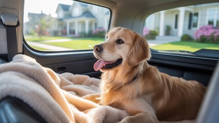 Golden retriever dog resting comfortably on a blanket in the backseat of a car, looking out the window on a bright sunny day with houses in the background
