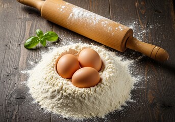 Fresh ingredients for baking or pasta, with eggs in a flour well, a rolling pin, and basil on a dark wooden table.