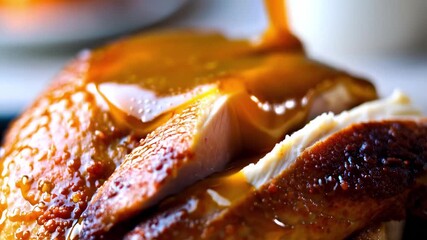 Juicy slices of tender roast turkey are topped with rich, golden gravy in this close-up shot. The perfectly cooked meat with crispy skin creates a mouthwatering centerpiece for any holiday meal or fes