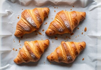 Four golden brown croissants dusted with sugar, arranged on white parchment paper, viewed from directly above.