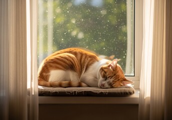 An orange and white tabby cat peacefully sleeps curled up on a sunlit window sill cushion.