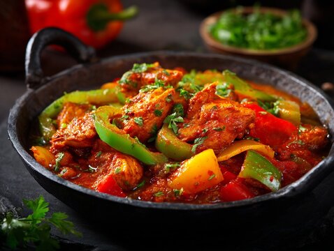 Pakistani chicken jalfrezi bell peppers and tomatoes vibrant curry styled for authentic South Asian cuisine stock photography concept