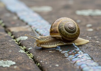 A garden snail with a brown spiral shell crawls across a stone surface, leaving a wet, iridescent slime trail.