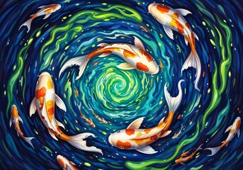 Vibrant orange and white koi fish gracefully swim in a mesmerizing blue and green spiraling water current, surrounded by aquatic plants.
