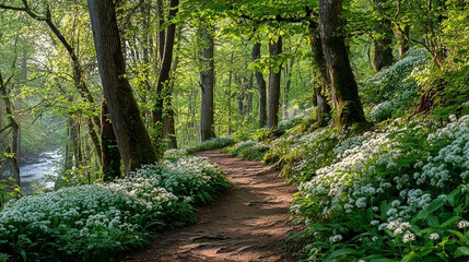 Obraz premium Enchanting forest trail with wild garlic flowers in early spring, inviting hike