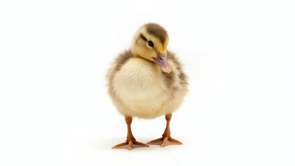 Obraz premium Photorealistic close-up of a cute, fluffy duckling standing with orange feet and beak on a white background. Highly detailed and high-resolution capture of this adorable young bird.