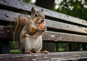 A squirrel sits on a park bench, holding and eating a nut.