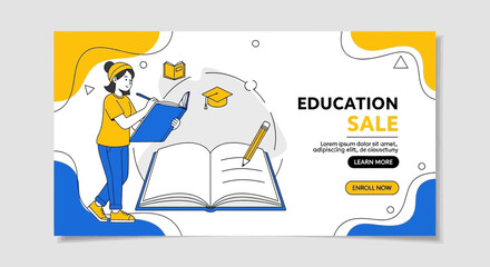 Educational promotion banner template featuring a student and learning materials