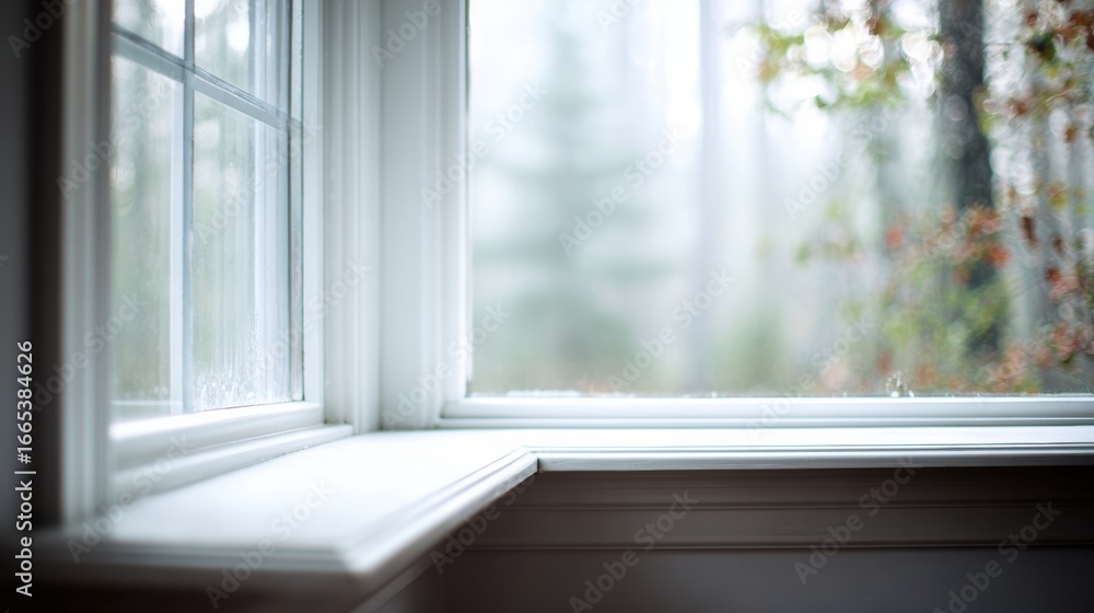 Poster calm morning by the window with raindrops, soft light filtering through trees in a tranquil forest s
