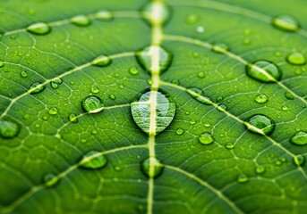 Close-up of a vibrant green leaf covered in glistening water droplets, highlighting the intricate vein structure and texture.