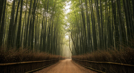 Fototapeta premium Misty bamboo forest with central path and soft filtered light