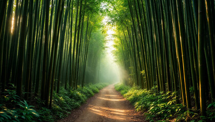 Misty bamboo forest with central path and soft filtered light