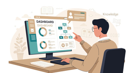 Illustration of a professional analyzing data on a dashboard for business insights and strategic