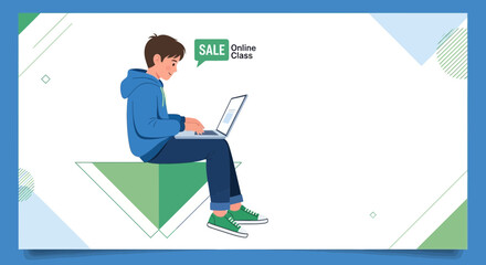 Illustration of a student taking online class during sale promotion time for education
