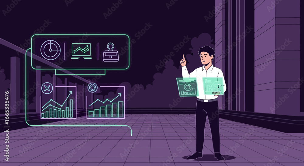 Poster futuristic financial analyst using holographic interfaces for data analysis and insights