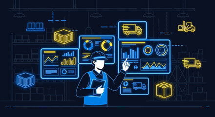 Futuristic warehouse management system interface for logistics optimization and efficiency