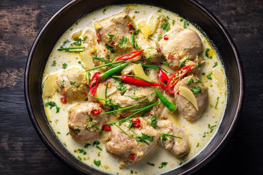 Pakistani chicken white karahi creamy yogurt sauce garnished with ginger and chilies traditional South Asian cuisine stock photography