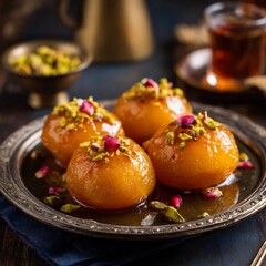 Pakistani balushahi sweets soaked syrup golden festive dessert styled for traditional South Asian food stock photography concept