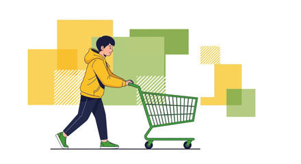 Illustration showcasing a person with a shopping cart for online retail design