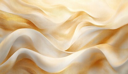 Abstract background with golden waves of satin fabric, a luxury design element for a banner or poster. Abstract, elegant wallpaper with gold wavy lines. Vector illustration. White and beige color