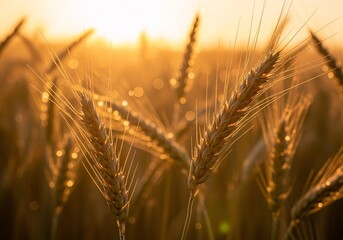 Close-up of ripe golden wheat stalks illuminated by the warm glow of a setting sun.