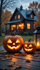 Obraz premium Glowing Carved Pumpkins on Misty Walkway Near Cabin