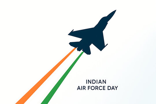 Minimalist jet silhouette leaving tricolor smoke trail across white background representing pride on indian air force day