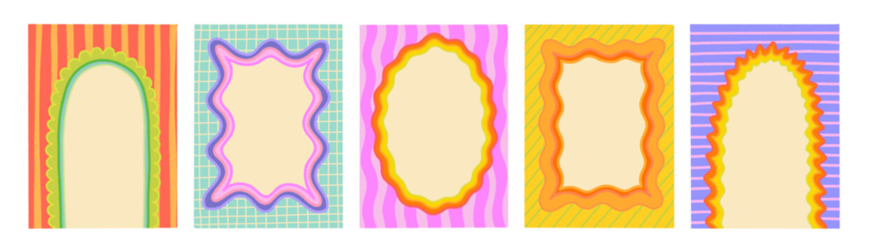Funky scallop border frames with patterns. Groovy wavy edges for cute pictures and kids art