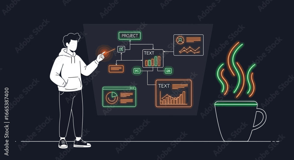 Poster man presenting project data visualization and growth chart with coffee nearby graphic background