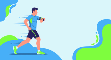 Man running with smartwatch tracking fitness on abstract background vector illustration