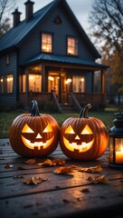 Glowing Carved Pumpkins on Misty Walkway Near Cabin
