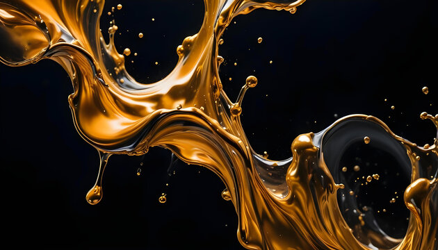 High-speed shot of a splash of gold or bronze liquid paint frozen in dynamic motion against a solid black background.