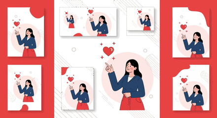 Fototapeta premium Set of illustrations featuring a young woman pointing at a heart, perfect for social media