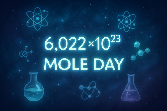 Mole day science celebration with glowing avogadro constant formula 6.022x10^23 and chemistry symbols on dark starry background