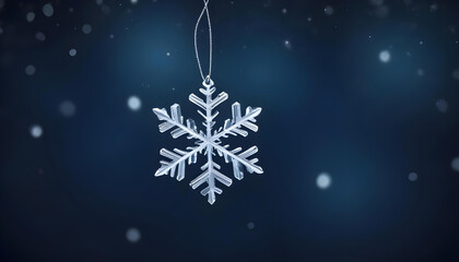 Close-up of a clear, glass Christmas snowflake ornament hanging on a thread against a dark blue background with falling snow.