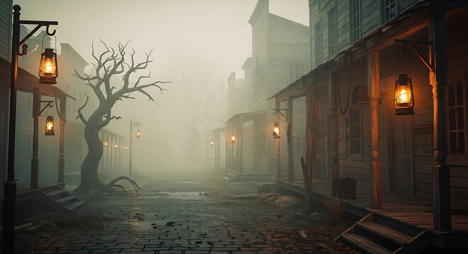 Foggy old western town street with lanterns and a bare tree in the middle of the scene view