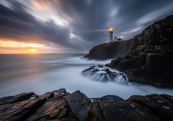 A dramatic long exposure of a lighthouse on a rocky coast at sunset with stormy, blurred clouds overhead.