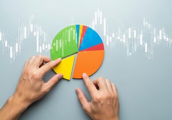 Close-up of hands analyzing colorful pie chart on a modern grey background with financial graphs.