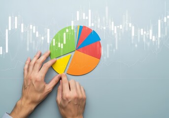 A person's hands are adjusting a colorful pie chart on a gray surface, overlayed with financial graphs and data.