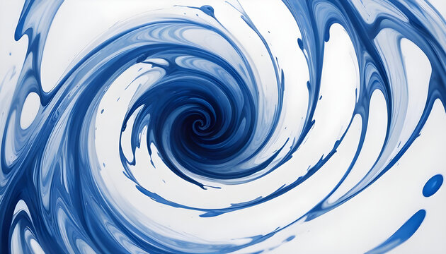 A high-speed shot of blue paint or liquid swirling into a vortex on a white background, creating a dynamic spiral pattern with broader strokes and splatters.