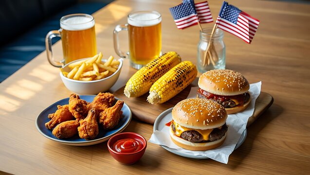 Festive Fourth of July Picnic Feast with Burgers Fried Chicken Corn on the Cob and Cold Beer Celebrating American Independence Day